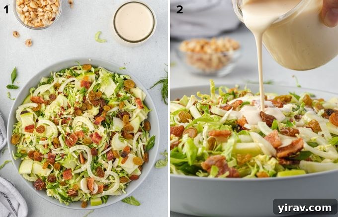 A large mixing bowl containing all the shredded ingredients for the Brussels Sprout Salad before the dressing is added.