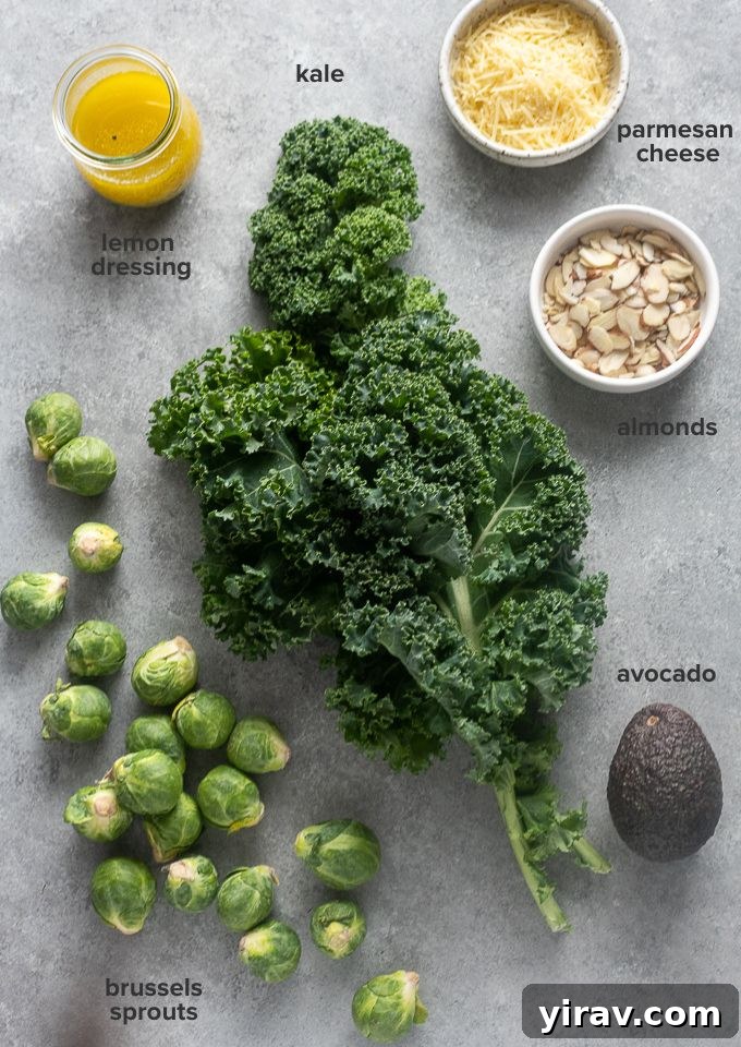 Ingredients laid out for a kale and brussels sprout salad recipe.