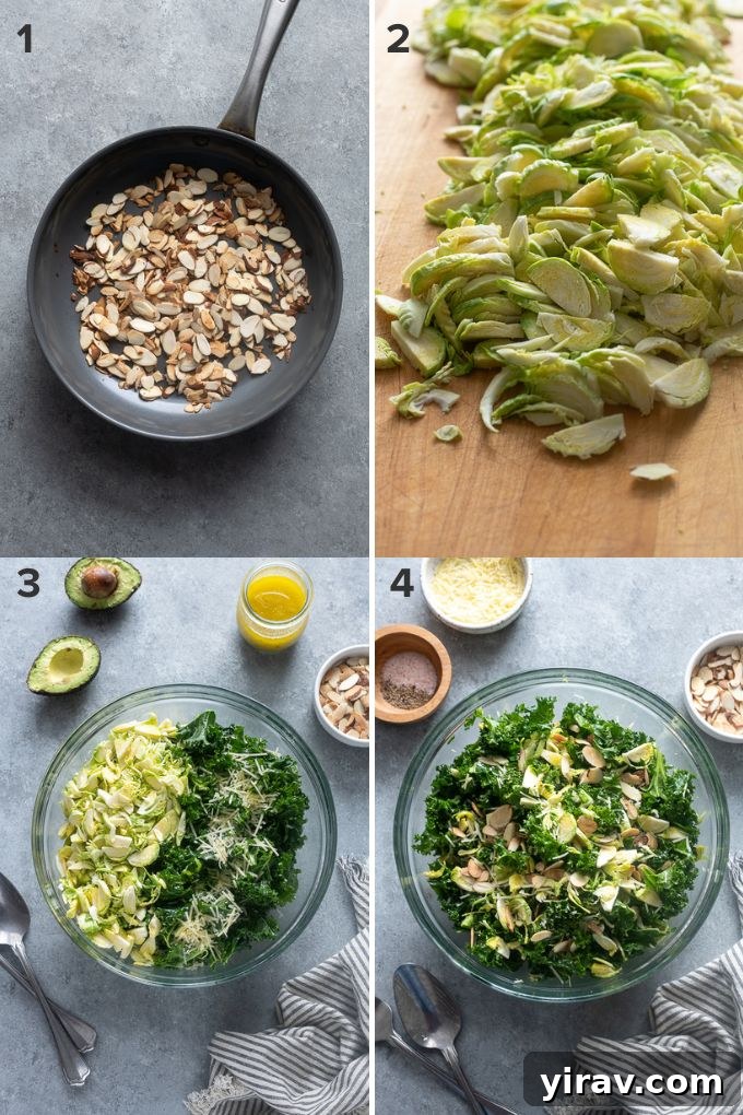 Hands preparing kale salad with shaved brussels sprouts in a mixing bowl.