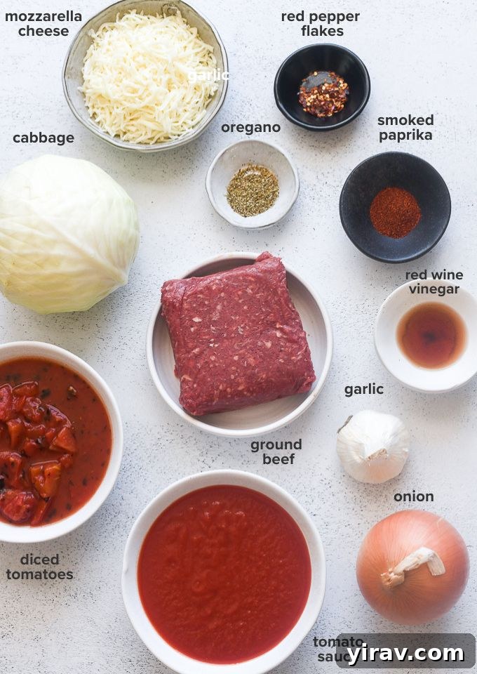 Hearty Beef and Cabbage Bake 4 Ingredients laid out for making low carb cabbage casserole, including ground beef, cabbage, tomatoes, onions, and spices.