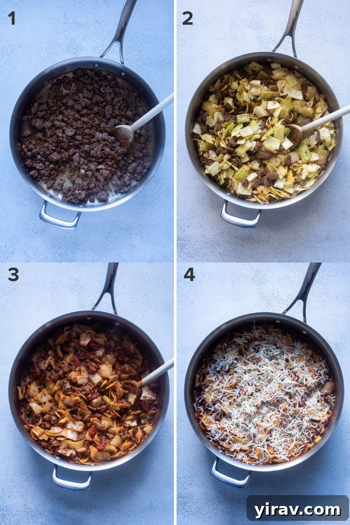 Hearty Beef and Cabbage Bake 5 A photo collage illustrating the step-by-step process of making unstuffed cabbage roll casserole without rice.