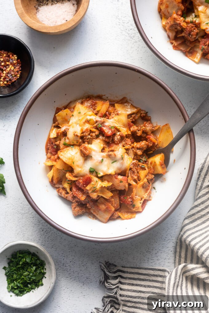 Hearty Beef and Cabbage Bake 7 A serving of one pot cabbage casserole with ground beef, rich tomato sauce, and melted cheese in a bowl, ready to eat.