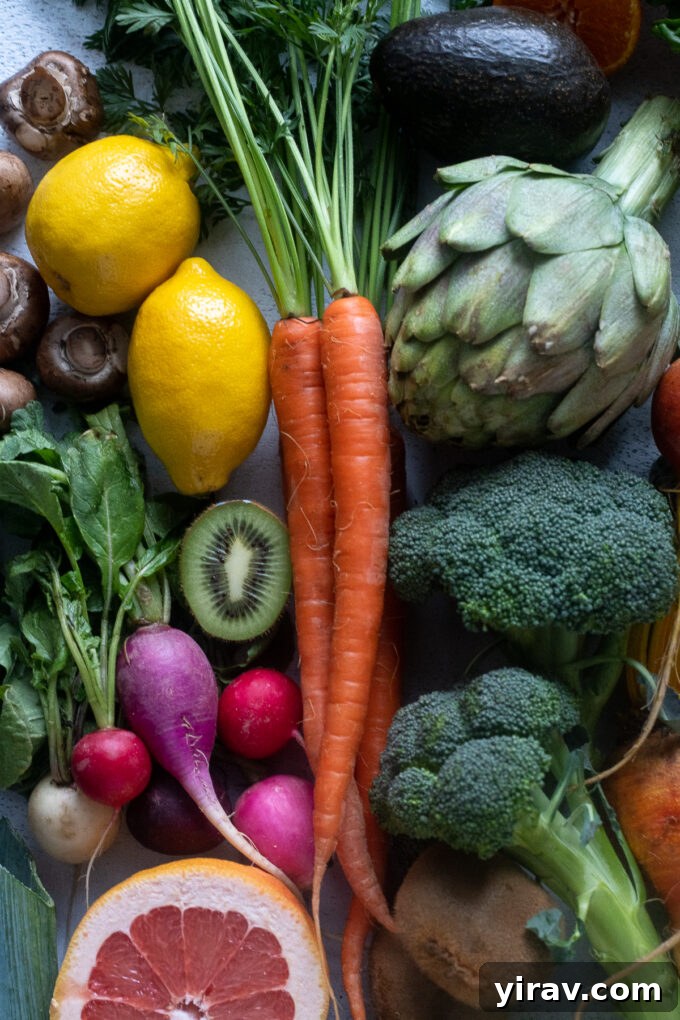 A vibrant selection of March seasonal produce, featuring colorful citrus, earthy root vegetables, and crisp cruciferous vegetables.