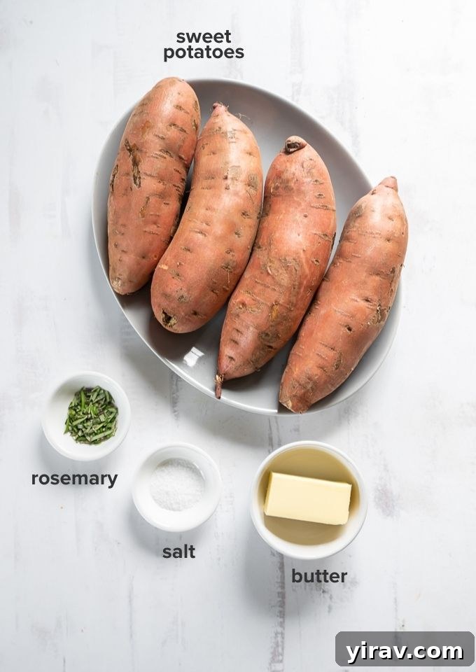 Crispy Hasselback Sweet Potatoes 4 Hasselback sweet potato recipe ingredients laid out on a table