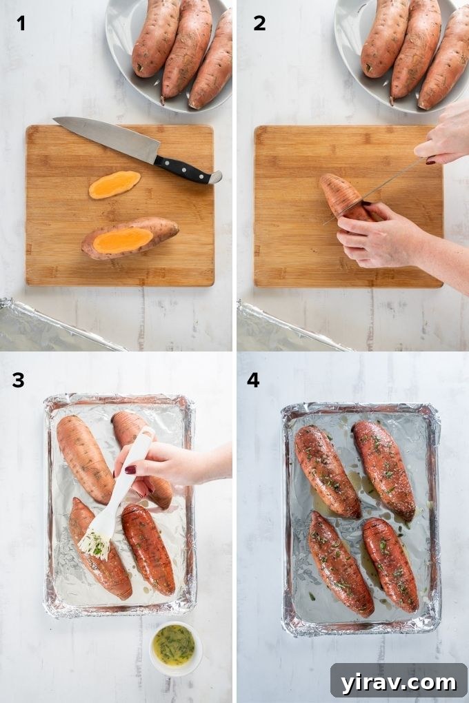 Crispy Hasselback Sweet Potatoes 5 Step-by-step image showing how to slice hasselback sweet potatoes
