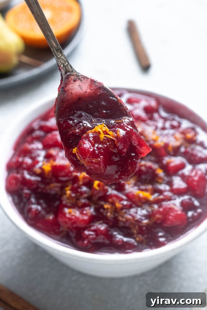 Spoon full of cranberry pear sauce.