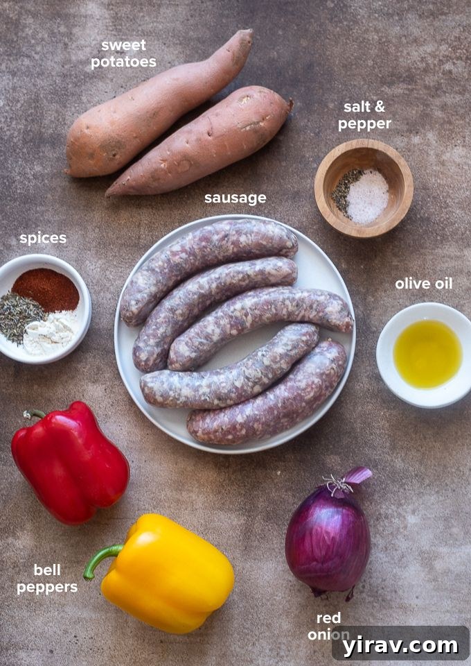 One pan sausage peppers and sweet potatoes recipe ingredients.