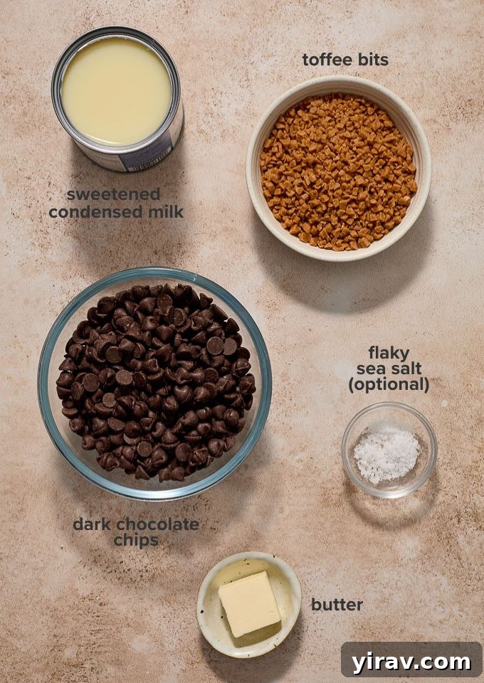 A flat lay of ingredients for dark chocolate fudge: butter, sweetened condensed milk, dark chocolate chips, and toffee bits.