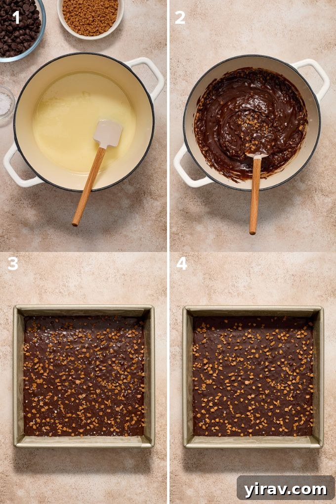 Close-up step-by-step image of dark chocolate melting into condensed milk for fudge.