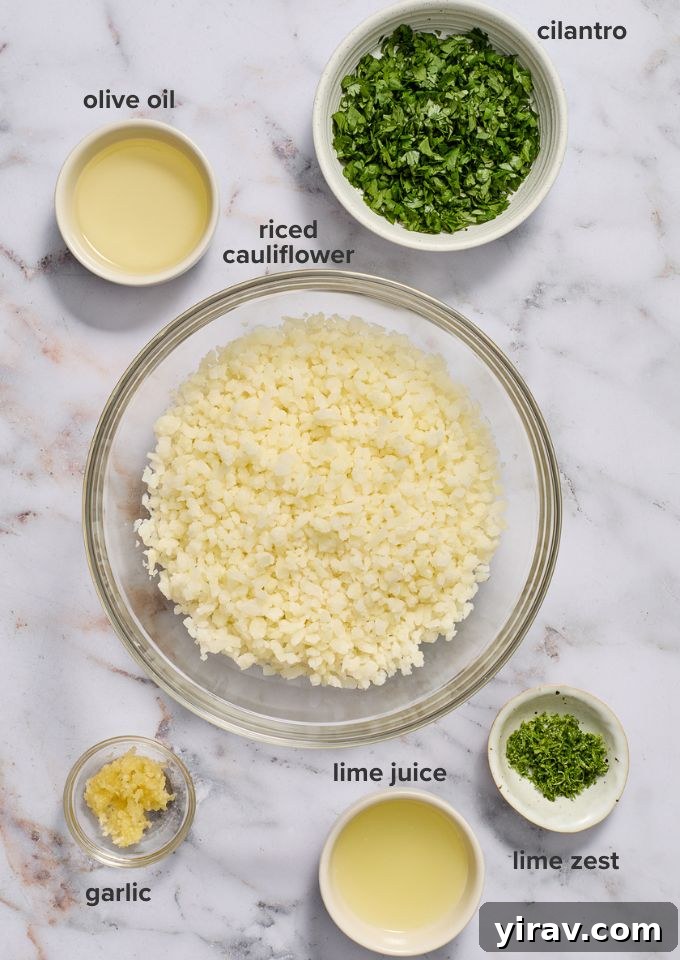 Cilantro lime cauliflower rice recipe ingredients.