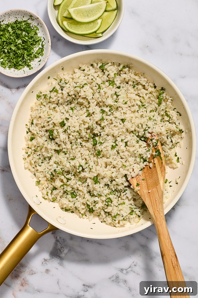 Cilantro lime cauliflower rice in skillet.
