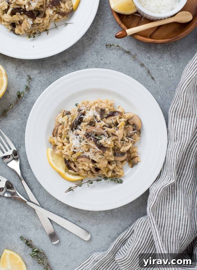 Creamy Instant Pot Mushroom Risotto served on a plate, garnished with fresh herbs, showcasing its rich texture.