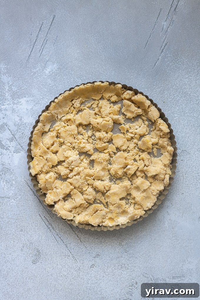 Buttery Sweet Tart Dough 9 Chunks of pate sucree dough placed evenly over the bottom of a tart pan.