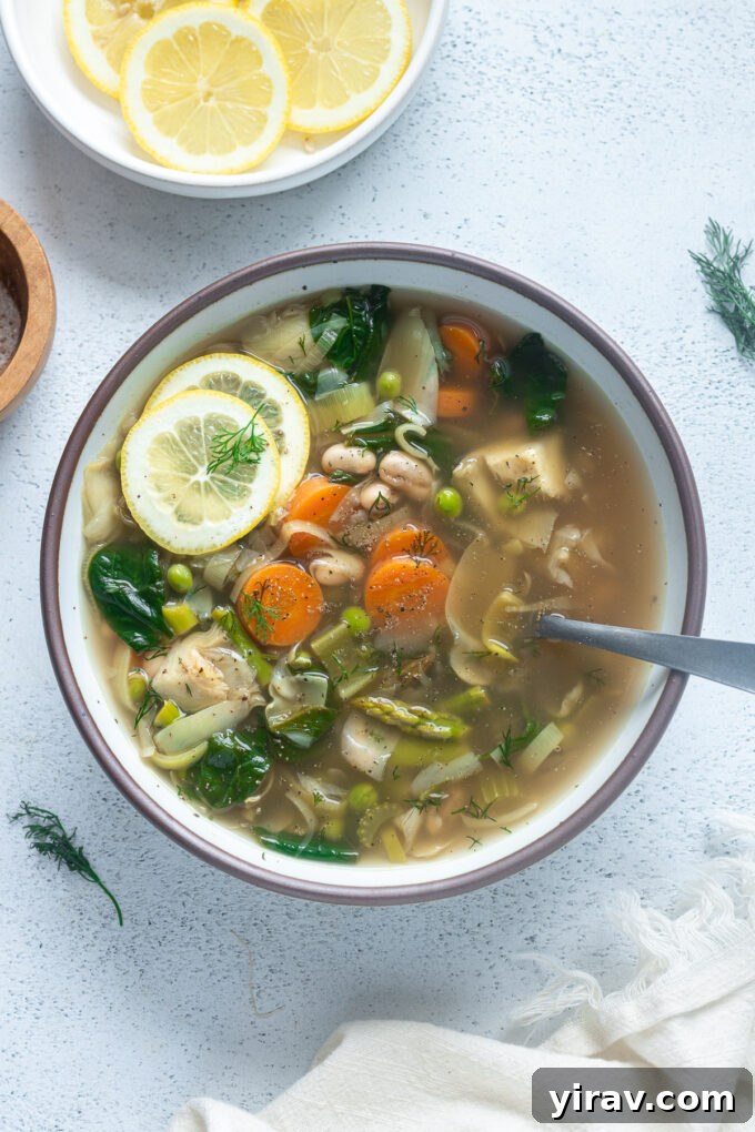 Fresh Spring Harvest Soup 10 A bowl of hot Spring Vegetable Soup with a spoon, ready to be enjoyed.