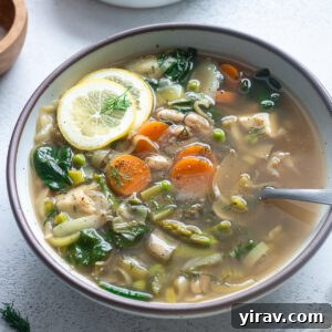 Fresh Spring Harvest Soup 11 Spring Vegetable Soup in a bowl with lemon slices on top.