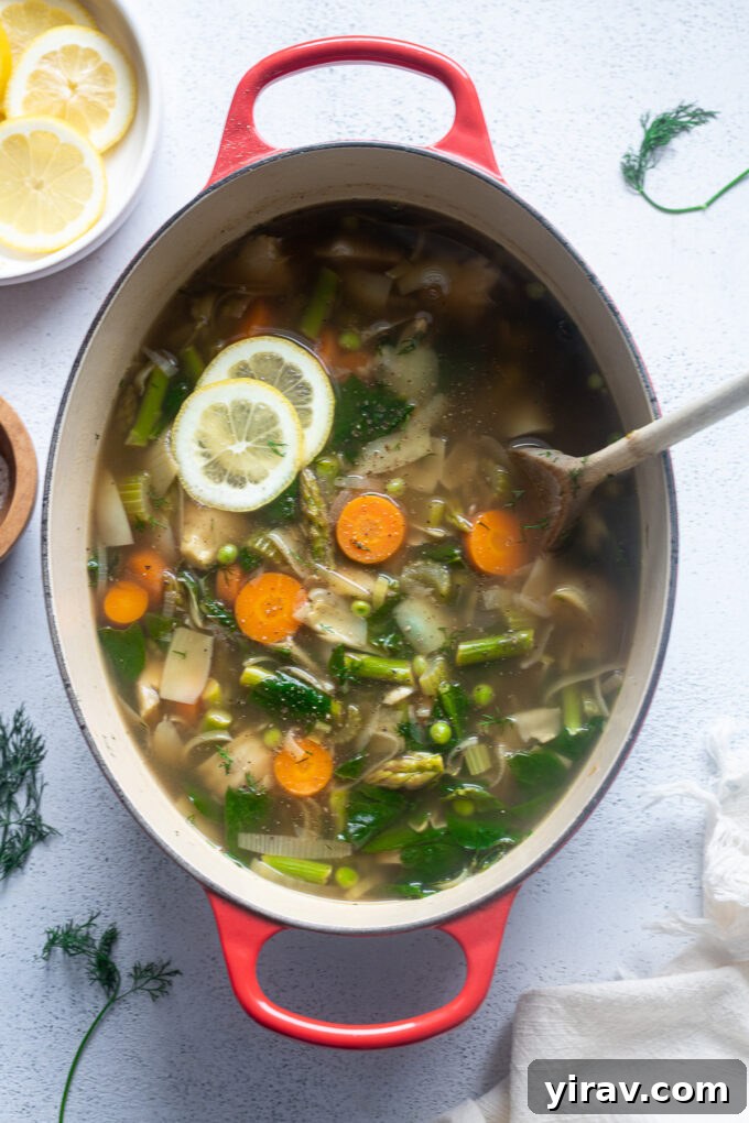 Fresh Spring Harvest Soup 3 Healthy Spring Vegetable Soup simmering in a Dutch oven, garnished with lemon slices and fresh dill.
