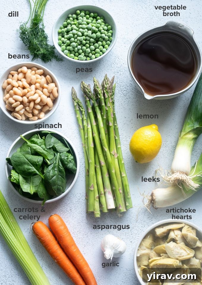 Fresh Spring Harvest Soup 4 Arrangement of fresh ingredients for Spring Vegetable Soup, including leeks, asparagus, carrots, artichoke hearts, beans, and herbs.