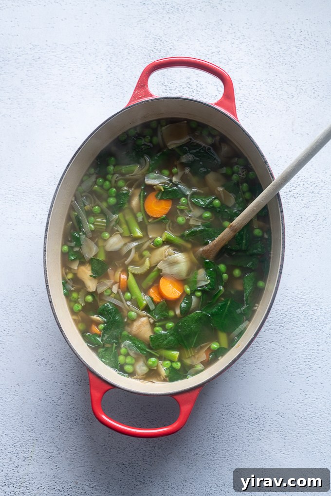Fresh Spring Harvest Soup 7 Spring vegetable soup with fresh peas and spinach added just before serving.