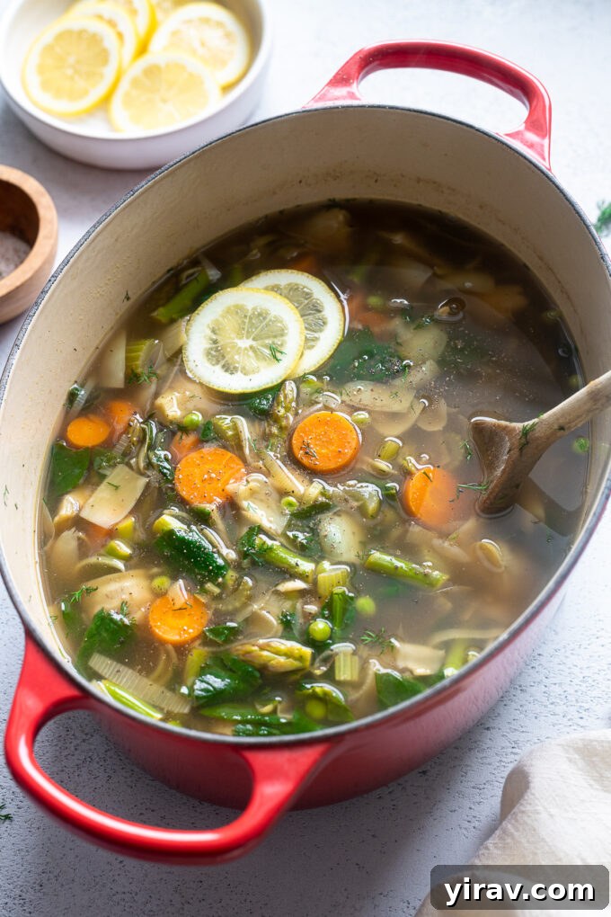 Fresh Spring Harvest Soup 9 A Dutch oven filled with Vegan Spring Vegetable Soup, garnished with fresh lemon slices and dill.