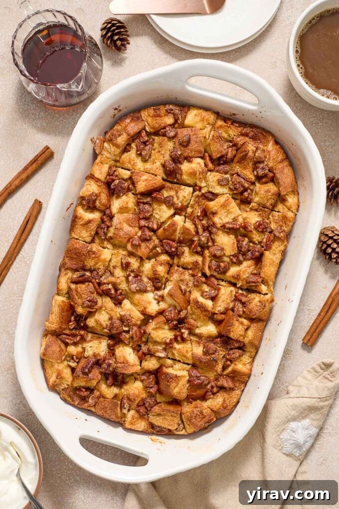 Eggnog french toast casserole in a baking dish, ready to be served for a festive breakfast.