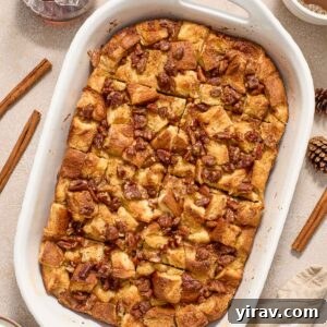 Eggnog french toast casserole in a baking dish.