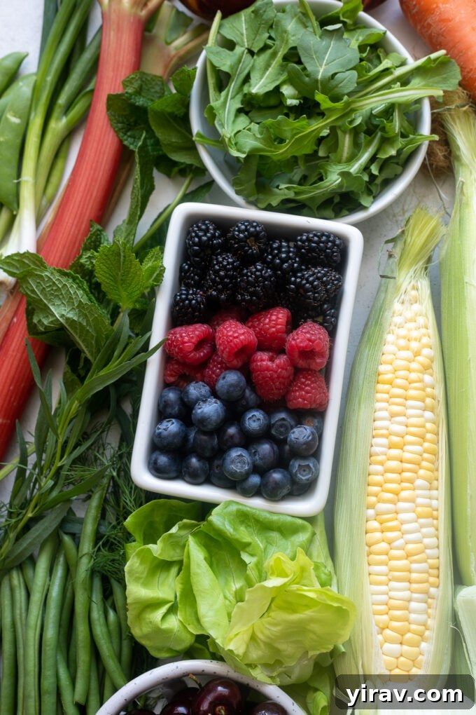 June Harvest Highlights 3 A colorful array of in-season fruits and vegetables for June, showcasing variety and freshness.