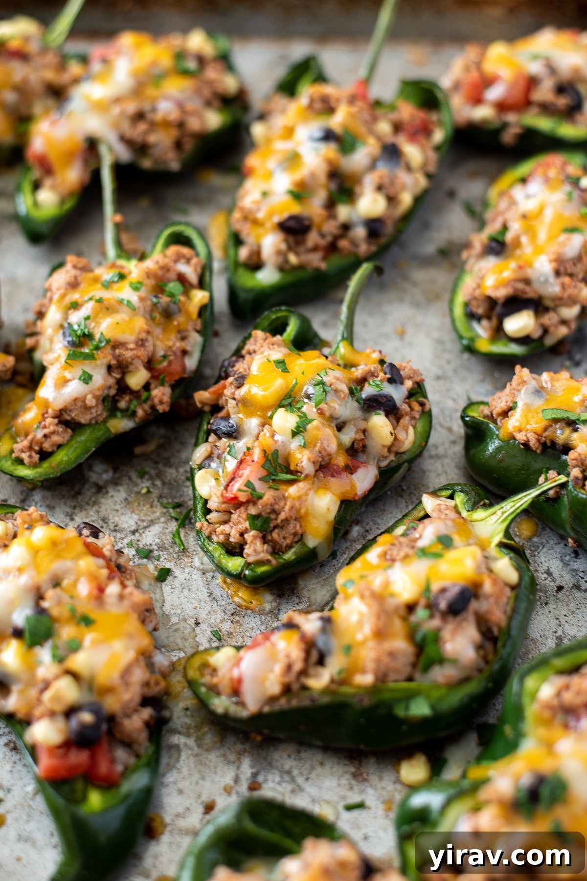 Ground turkey and rice stuffed poblano peppers.