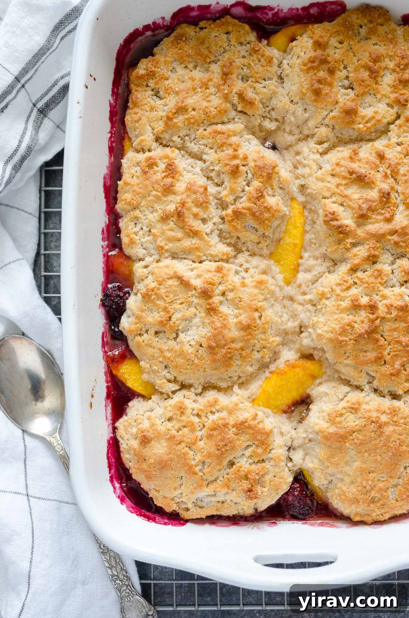 Blackberry peach cobbler in baking dish