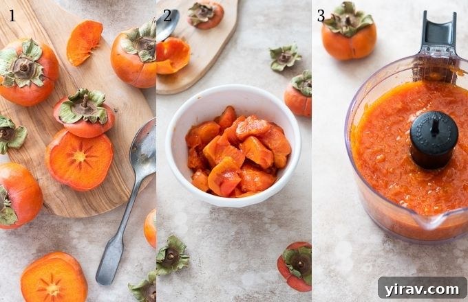 Step-by-step image demonstrating how to easily make persimmon puree by scooping pulp into a food processor.