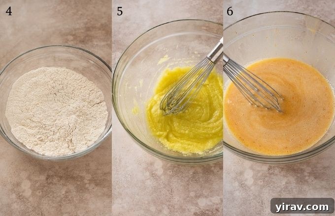 Collage showing the initial steps of mixing dry ingredients and wet ingredients for persimmon cake batter.