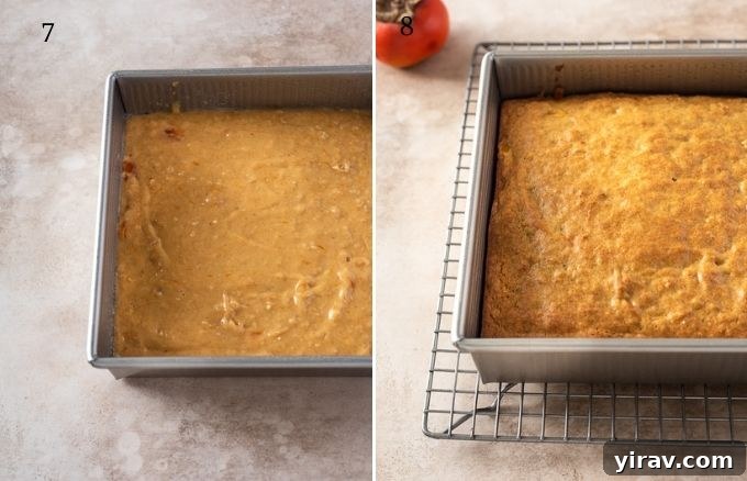 Collage showing the process of combining wet and dry ingredients and pouring persimmon cake batter into a baking pan.