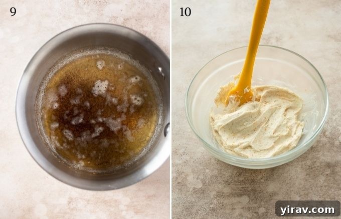 Collage illustrating the process of browning butter and preparing the brown butter orange frosting.