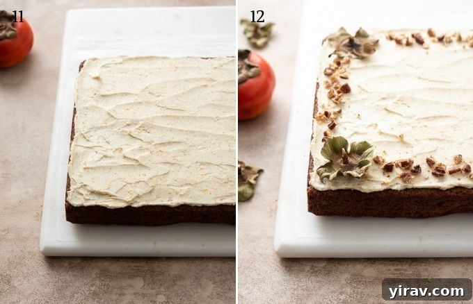 Collage showing the final steps of frosting a persimmon cake and adding decorative toppings.