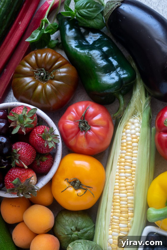 A colorful arrangement of various produce items that are in season in July, showcasing the diversity of summer's harvest.