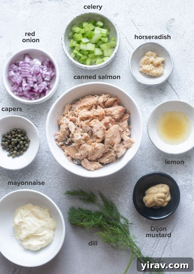 Salmon salad recipe ingredients.