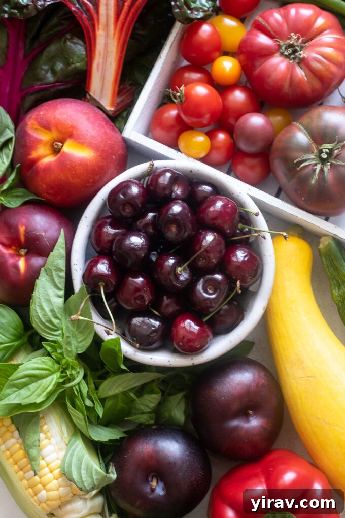 Variety of seasonal fruits and vegetables perfectly ripe in August, ready for cooking and enjoying.