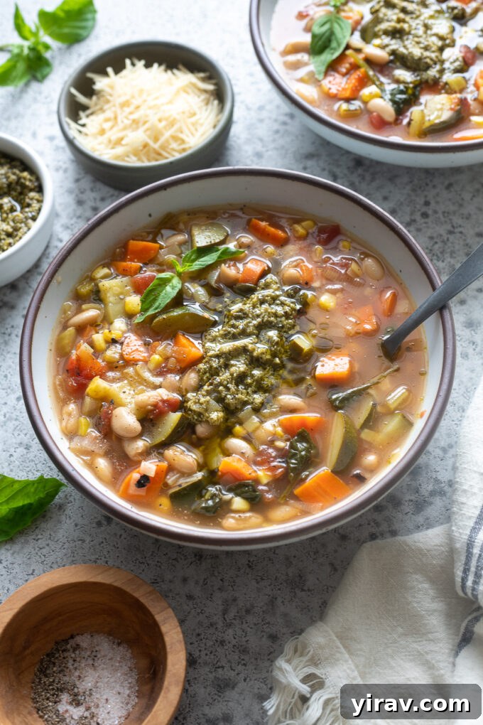 A beautifully presented bowl of Summer Vegetable Soup with Pesto, garnished with fresh basil.