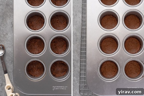 A visual guide showing gingersnap cookie crust before and after baking, demonstrating the transformation from crumbs to a golden, firm base.