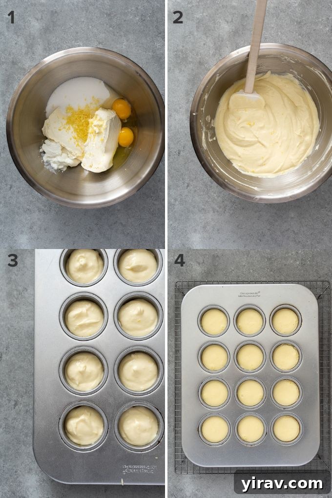 Step-by-step process image illustrating how to mix and fill the mini lemon cheesecakes, showing the creamy batter.