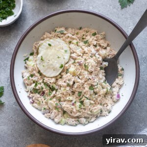 Zesty Dill Pickle Tuna 10 Dill pickle tuna salad in a serving bowl.