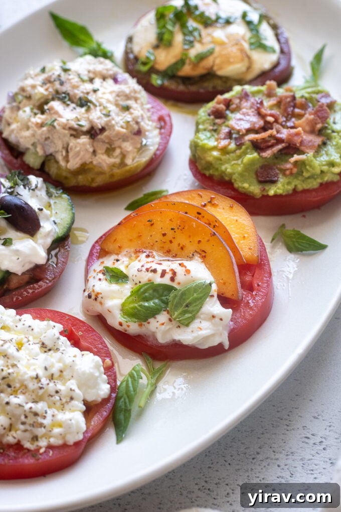 Heirloom tomato slice with peach, burrata, and tajin seasoning.