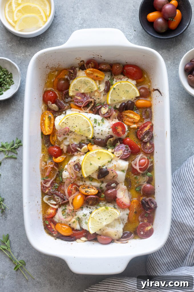 Mediterranean baked cod in baking dish.