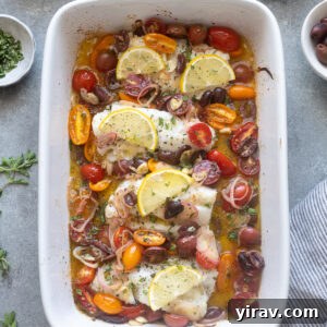 Mediterranean baked cod in baking dish.