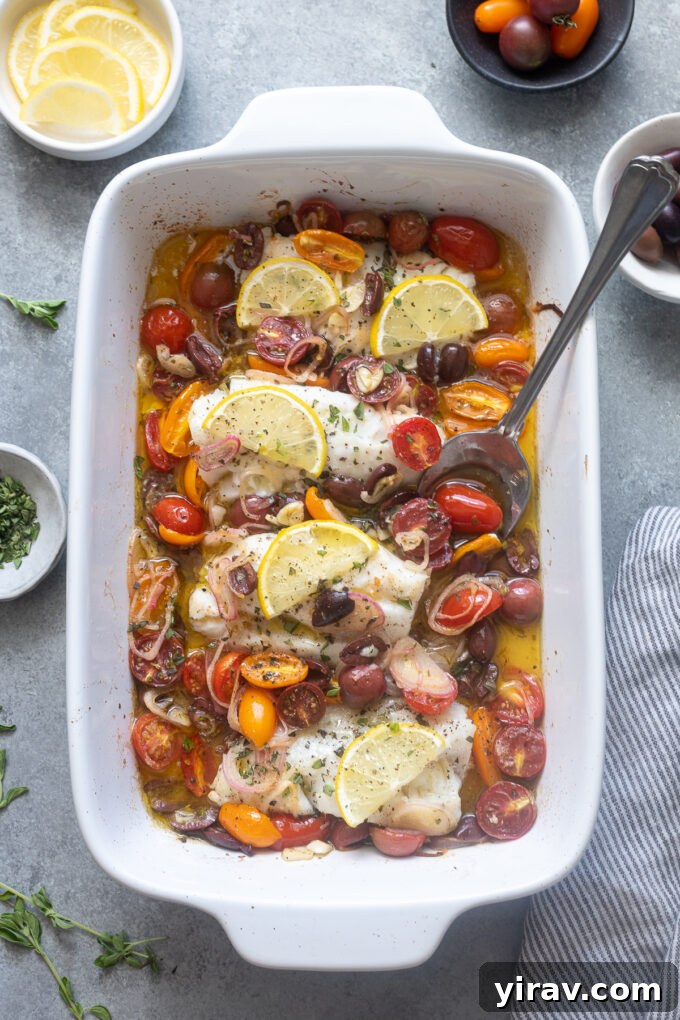 Overhead shot of Mediterranean baked cod ready to serve.