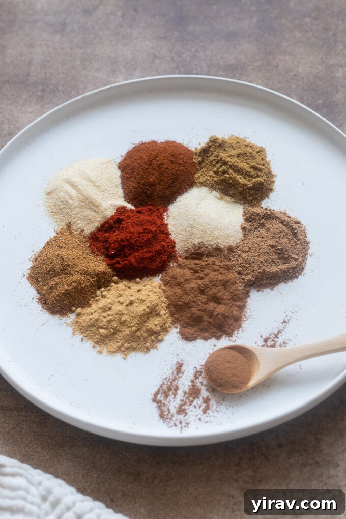 A beautifully arranged selection of 10 essential spices laid out on a white plate, perfect for a spice guide.