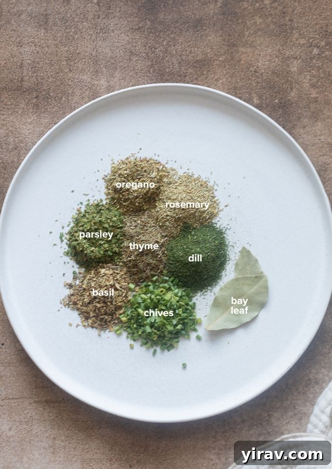 A visual guide displaying 8 commonly used dried herbs, clearly labeled on a plate.