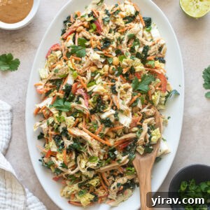 Thai chicken salad on a platter with salad servers.