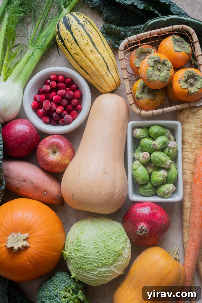November seasonal produce featuring butternut squash, persimmon and pumpkin.