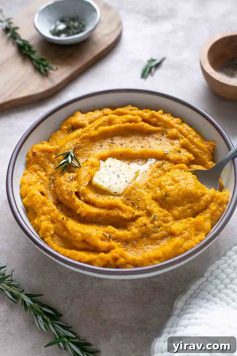 Creamy kabocha squash mash in a serving bowl.