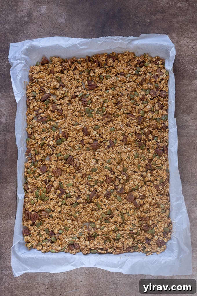 Pumpkin protein granola spread out on a parchment lined baking sheet.